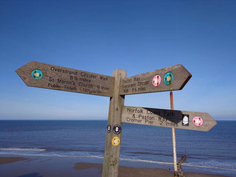 Norfolk coastal path direction sign showing multiple options.