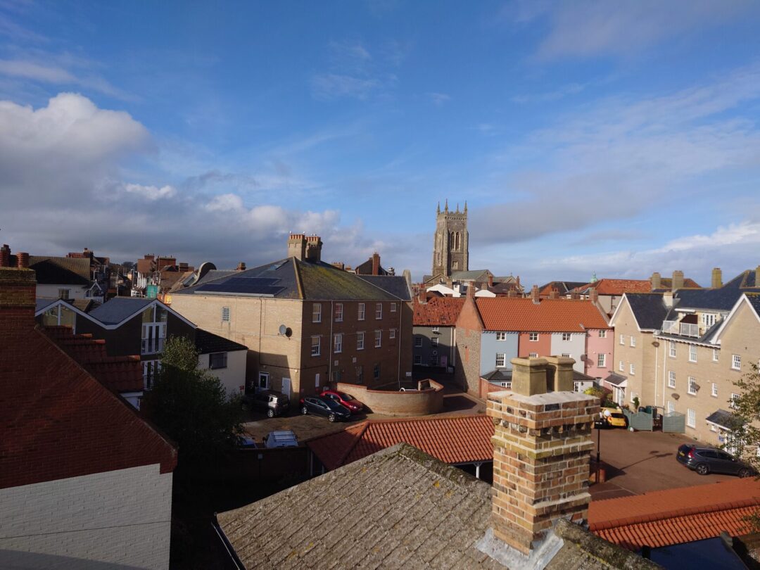 A view from the rooftop at North Cottage Cromer towards the town and Church.