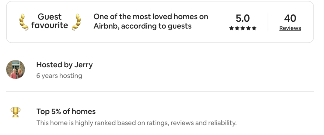 Graphic illustrating that North Cottage Cromer is a Guest Favourite on Airbnb and is placed in the top 5% of homes.