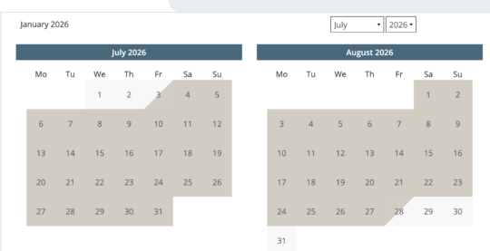 An image of the availability calendar for North Cottage Cromer in July and August 2026 showing almost all dates are booked far in ahead.