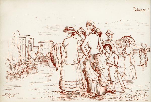 Sketch by E.M Seebohm 1888 The Hoare, Gurney and Barclay families waiting for a bathing machine on Cromer beach. From Cromer Museum collection.