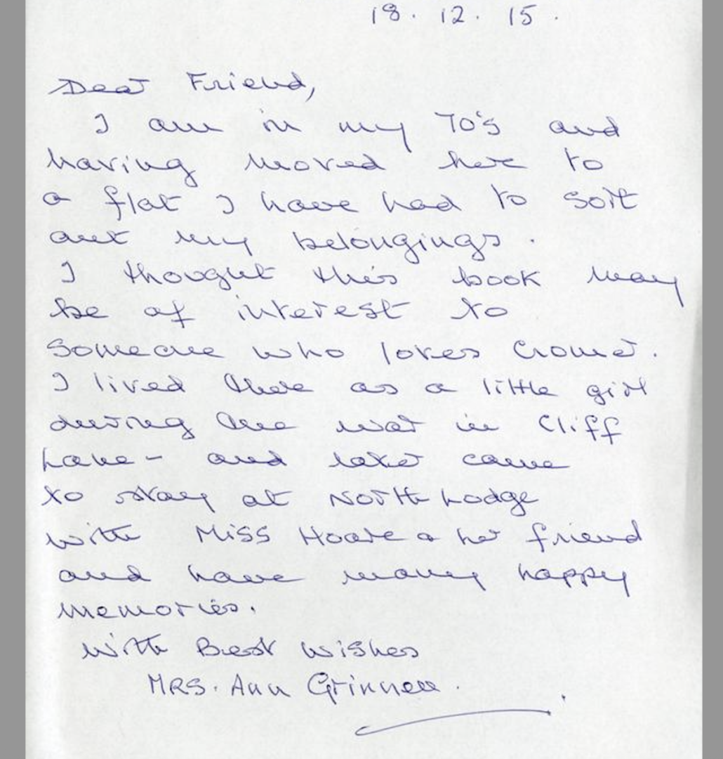 Ann Grinnell's letter to Cromer Museum December 2015. She enclosed a personal copy of Louise Hoare's Cromer Memories published in 1956.