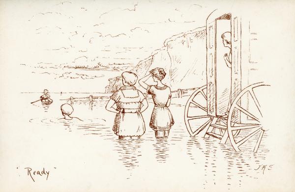 Sketch by E.M Seebohm 1888 The Hoare, Gurney and Barclay families using a bathing machine on Cromer beach. From Cromer Museum collection.